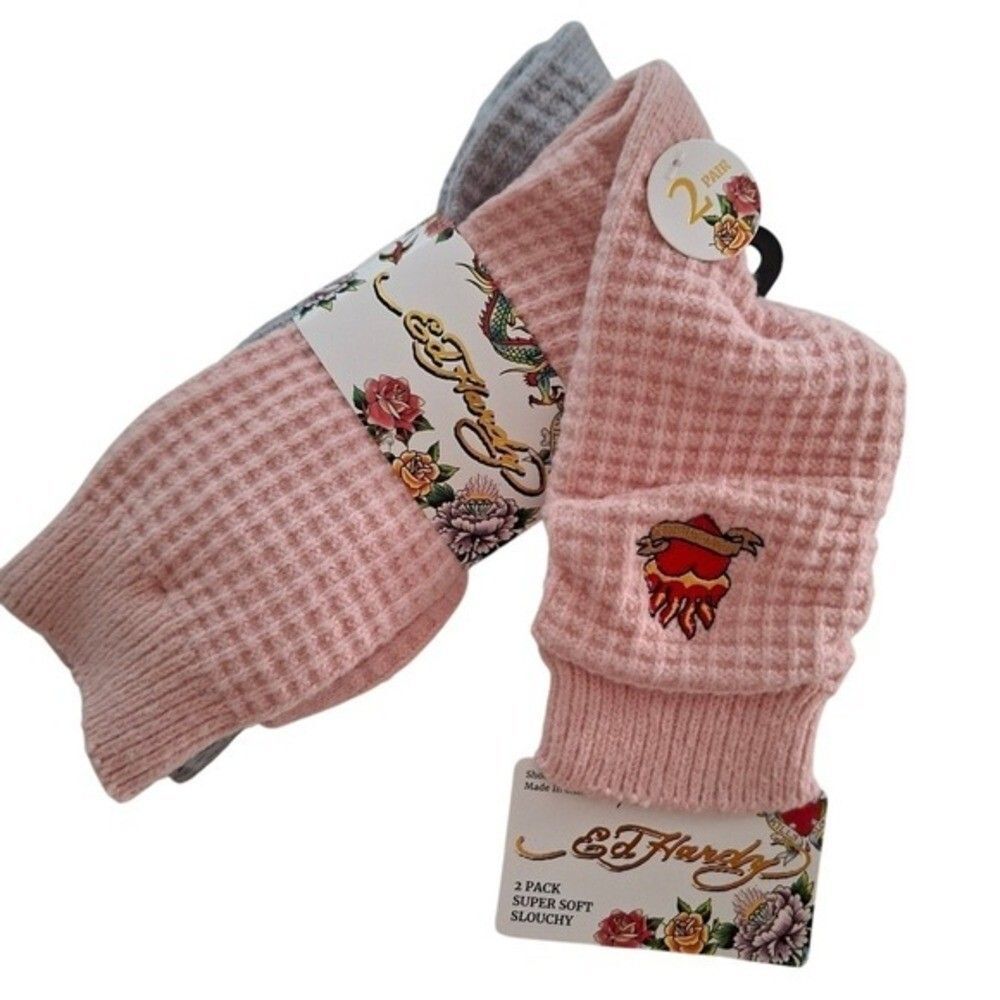 Ed Hardy 2-Pack Socks Super Soft Slouchy / Leg Warmers Size 4-10 Pink / Gray NWT